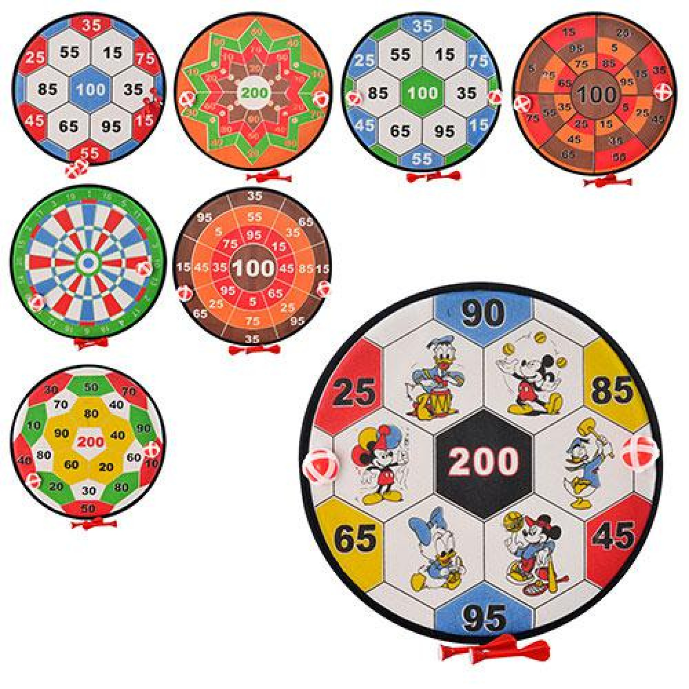 Дартс M1086 (120шт) 36см, на ліпучці, дротики 2шт, м'ячики 2шт, 8 видів, в кульку