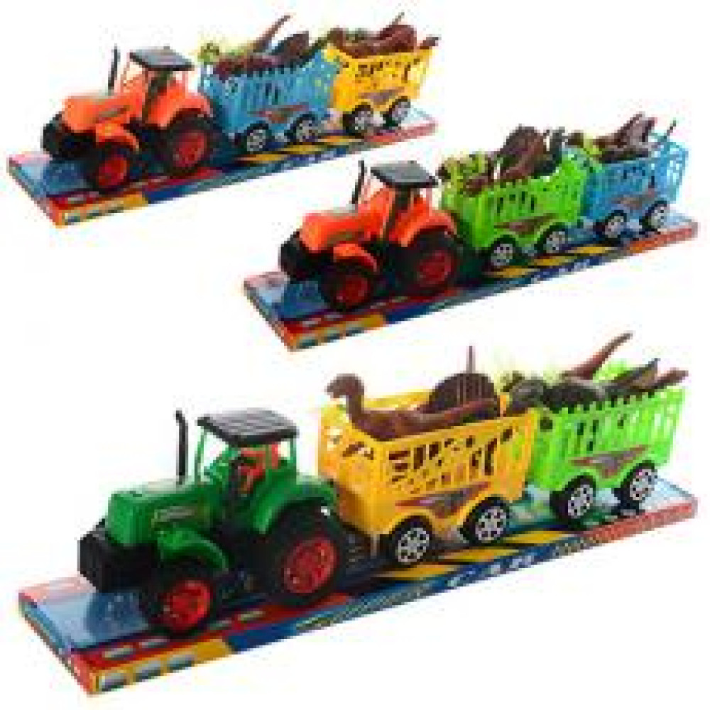 Трактор трейлер 906-277 (36шт) инер-й,17см, с прицепом2шт,динозавры6шт от11см,3цвета, в слюде,51,5-11-13,5см