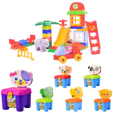 Конструктор 3166A (6шт) игровая площадка, фигурка, слоник, 46дет, 6 видов, стул-чемодан, 22-32-26см