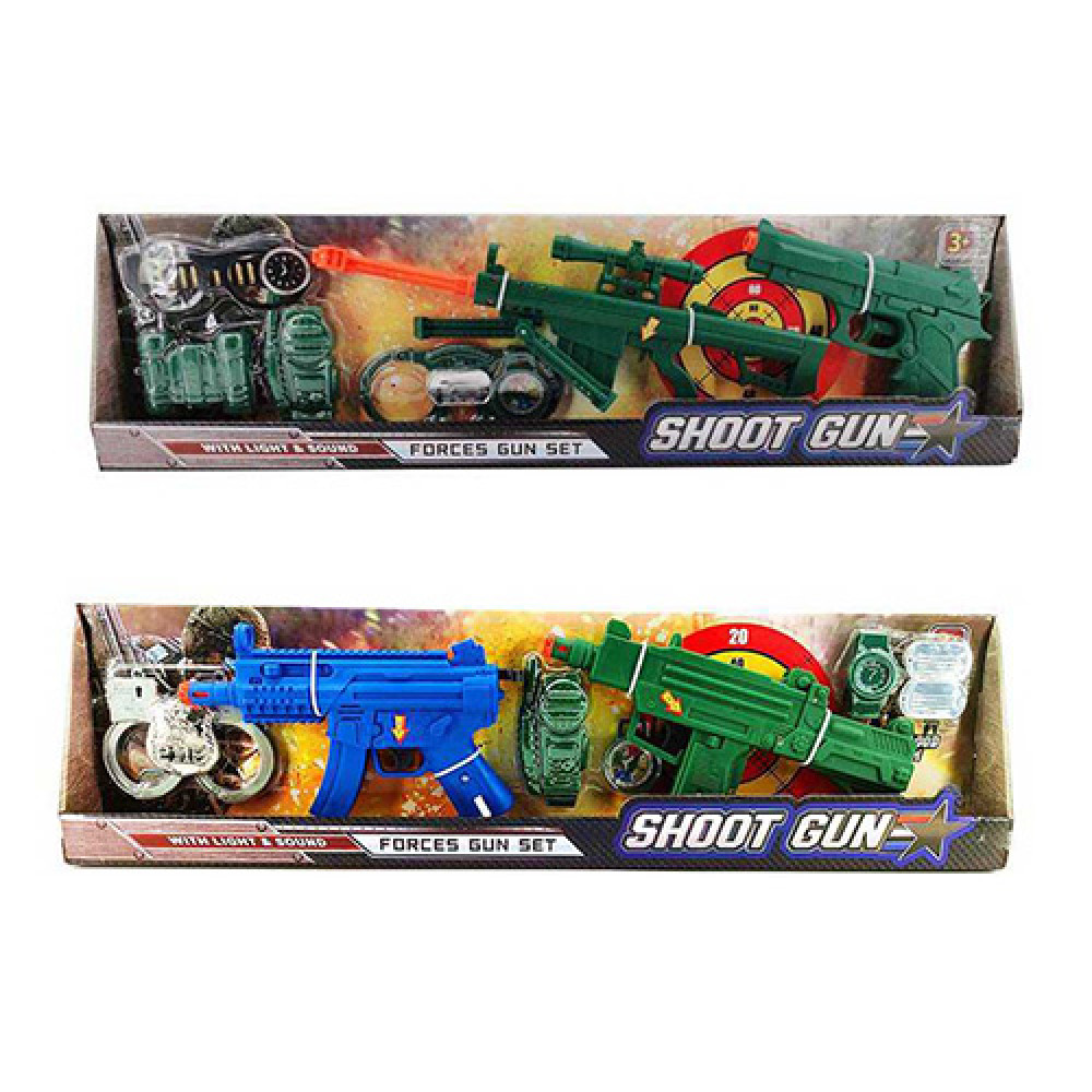 Набір із зброєю 696-698-2 (18шт)автомат,пистолет,винтовка,часы,наручники,2вида, в кор-ке,70-19-5см