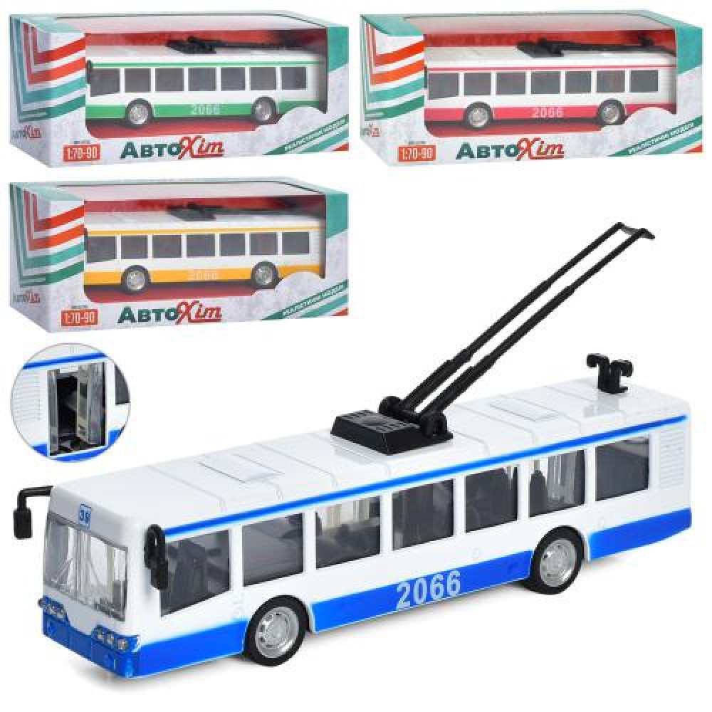 Тролейбус M 5661 (60шт) металл, инер-й, 17см,открыв. двери, 4цвета, в кор-ке, 19-7,5-6см