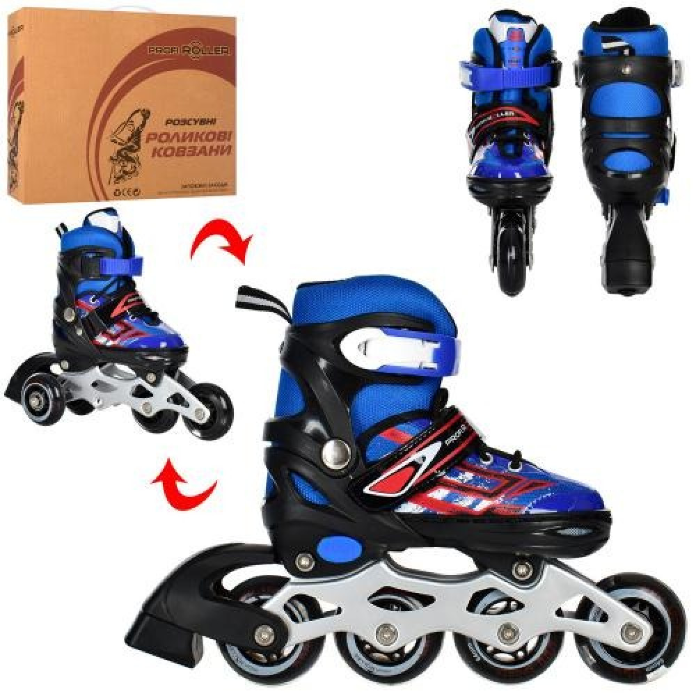 Ролики A 4144-XS-BL (27-30) розсув, шнурівка+бакля, алюм.рама, колесаПУ,64мм, 1світло, устілка 16,5см, синій, в кор-ці 34-27-10см.