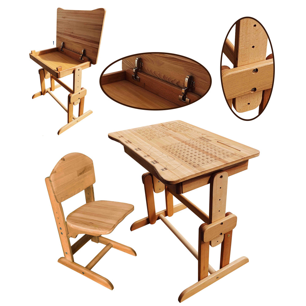 Комплект парта ARINWOOD Совеня Upgrade Бук парта та стілець регульовані Гравіювання 04-031