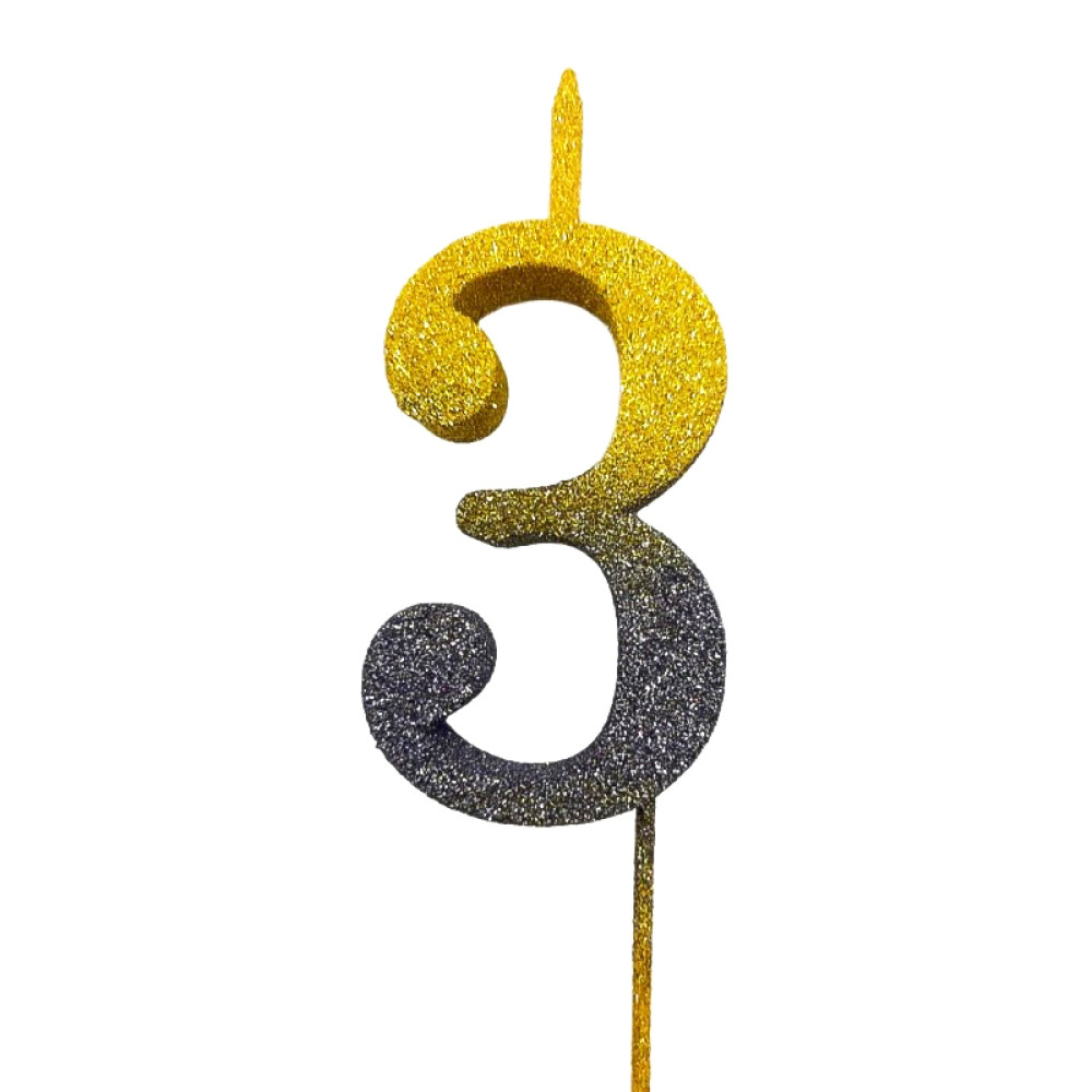 Свічка цифра Велика, шпажка, блискітки, золото-графіт 3 (30 см) 13601