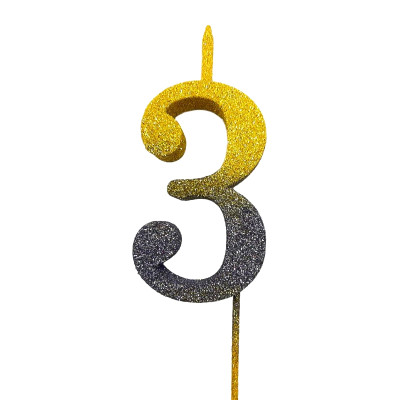 Свічка цифра Велика, шпажка, блискітки, золото-графіт 3 (30 см) 13601