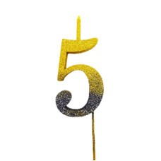 Свічка цифра Велика, шпажка, блискітки, золото-графіт 5 (30 см) 13603