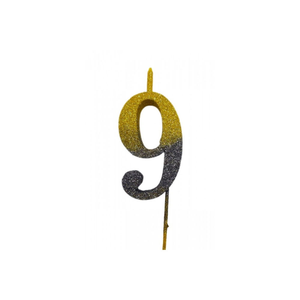 Свічка цифра Велика, шпажка, блискітки, золото-графіт 9 (30 см) 13607