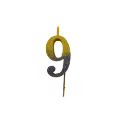 Свічка цифра Велика, шпажка, блискітки, золото-графіт 9 (30 см) 13607