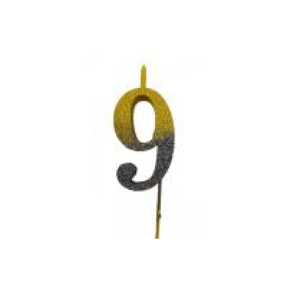 Свічка цифра Велика, шпажка, блискітки, золото-графіт 9 (30 см) 13607