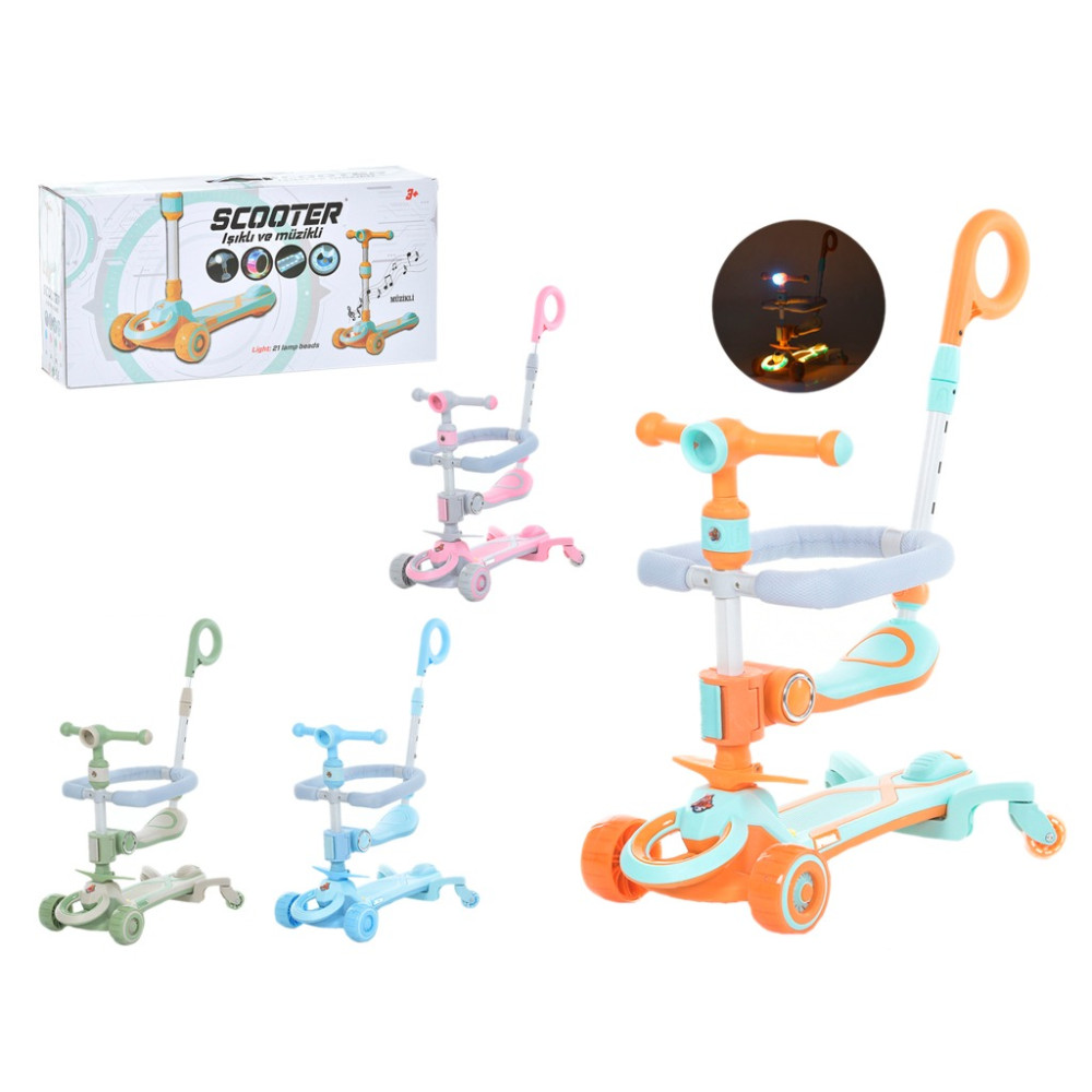 Самокат JR 3-083 MAXI, 5в1(біговел),сталь+пласт, 3 кол, 2 пер ПУ світло, музика, підніжка, бампер, подвійне заднє колесо, 4 кольори