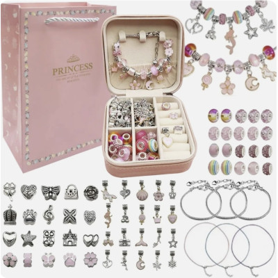 Набір для створення браслетів у коробці PANDORA футлярі розовий з сумочкою