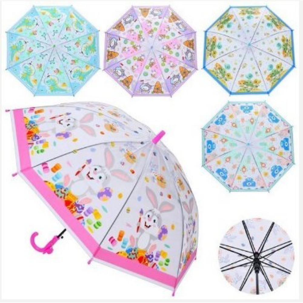 Парасолька дитяча MK 5233 (60шт) довжина 64,5см, тростина 60см, діаметр 81см, спиця 48см, клейонка, свисток, 5 видів,  в пакеті,