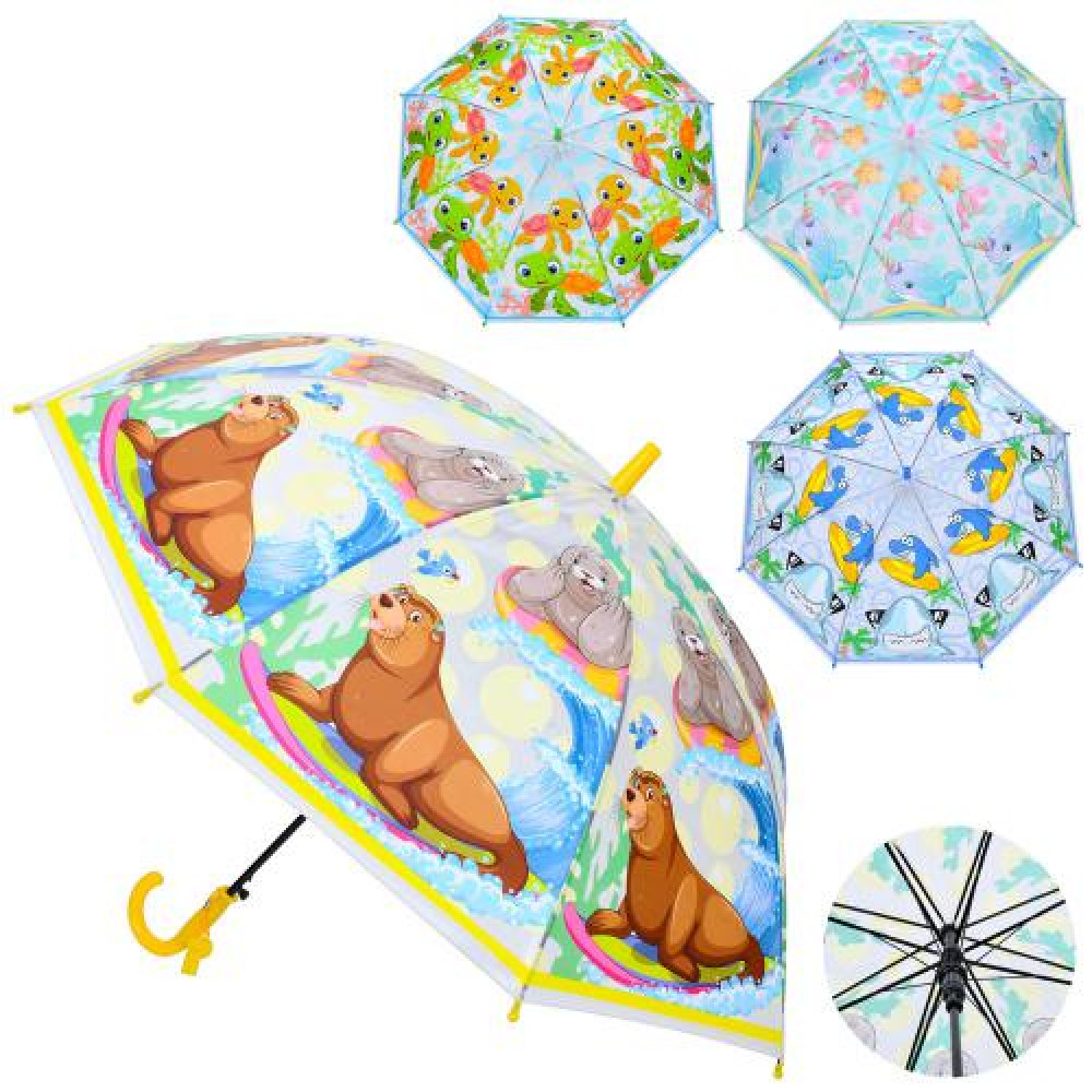 Парасолька дитяча MK 5233 (60шт) довжина 64,5см, тростина 60см, діаметр 81см, спиця 48см, клейонка, свисток, 5 видів,  в пакеті,