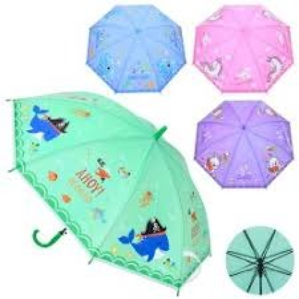 Парасолька дитяча MK 5233 (60шт) довжина 64,5см, тростина 60см, діаметр 81см, спиця 48см, клейонка, свисток, 5 видів,  в пакеті,