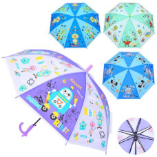 Парасолька дитяча MK 5247 (30шт) довжина 65,5см, тростина 60см, діаметр 83см, спиця 48см, клейонка, свисток,4 види(робот),  в пакеті,