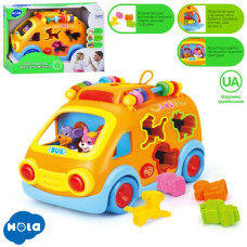 Гра 988 (18шт) автобус-сортер, 23см, брязкальце-фігурки тварин 6шт, їздить, музика-звук (УКР), звуки тварин, світло, вірші, пісні, шестерні-тріскачка,