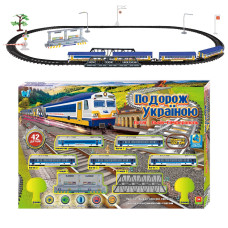 Залізниця 11500 (24) "WToys", ОЗВУЧУВАННЯ УКР. МОВОЮ, 42 деталі, звуки, пісня, озвучені репліки, локомотив, 4 вагони, муляжі оточення, в коробці