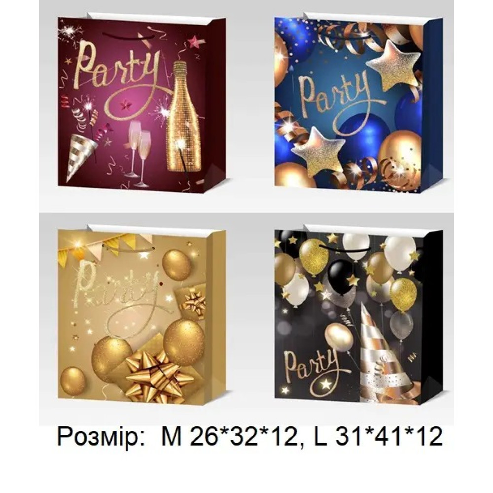 Пакет подарунковий великий "Party, кулі, зірки, пляшка" (L 30x41.5x12 см) 14728