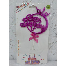 Топпер для торта Happy Birthday Фуксія в колі з короною 15108