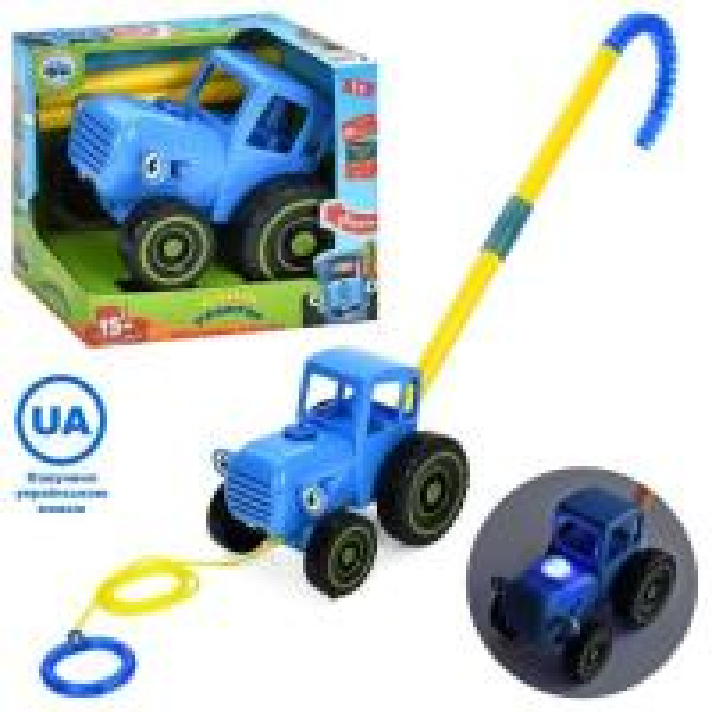 Каталка W6802-1A (60шт) на палці/на шнурі, синій трактор 14см, музика (УКР), світло, на бат(табл), в кор-ці, 15,5-14-9,5см