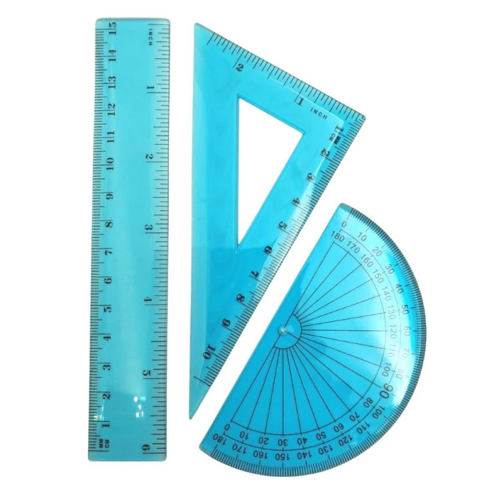 Набір линійка 20 см + трикутник 12 см + транспортир, синій колір, пластик, 9-602-06, БАРВІНОК