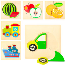 Дерев'яна іграшка Пазли MD1271, фрукти/транспорт, 6 видів, в пакеті