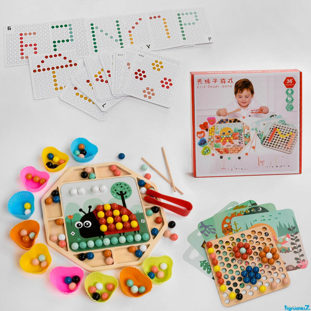 Мозаїка дерев'янна С 49365 (24) “Круглая мозаика”, 6 трафаретов, 30 двухсторонних карточек, набор шариков, аксессуары, в коробке