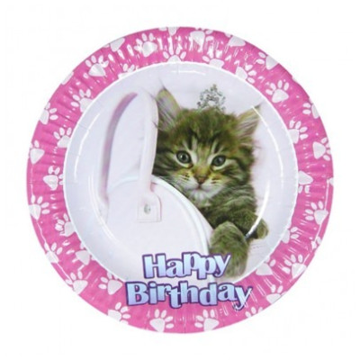 Тарілки голубі Happy birthday F-181827/F-181826  рожеві котики