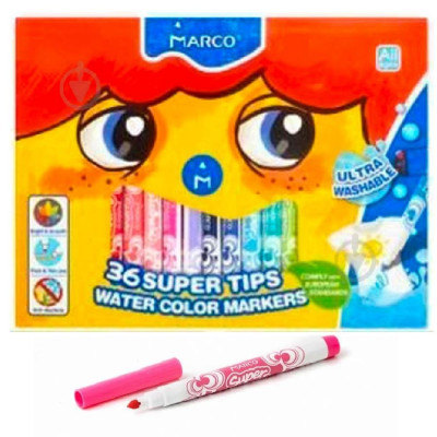 Фломастери, 36 кольорів, картонна упаковка, "Super Washable", 1630/36CB Marco (95638)