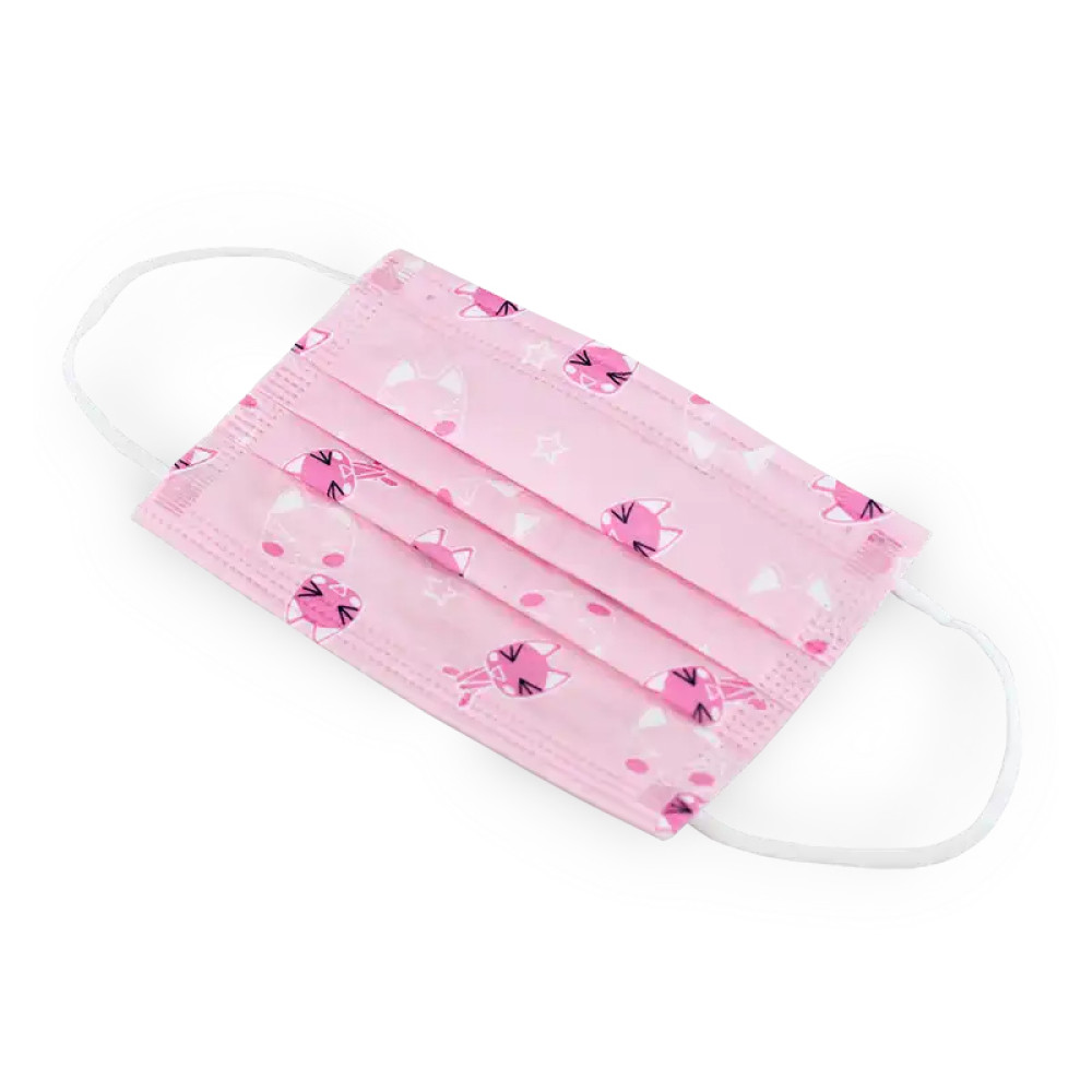 Маска медична дитяча для індивідуального захисту "ВОЛЕС", 3-шарова  з вушним зачепом, з малюнком, рожева