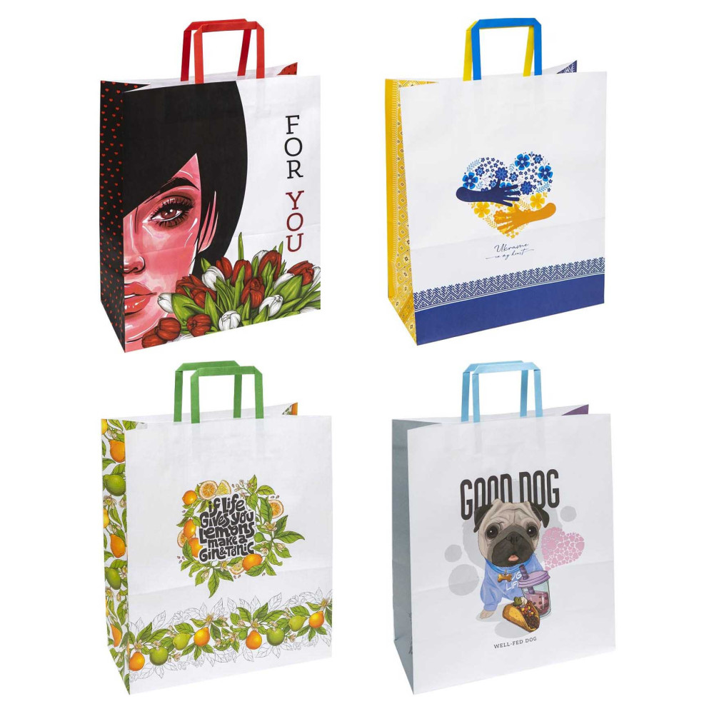 Пакет крафт ручки - прямокутні паперові кольорові, 32х15х38 см, папір 100 г/ м2 Крафт колір Білий KGB 323815-39-42