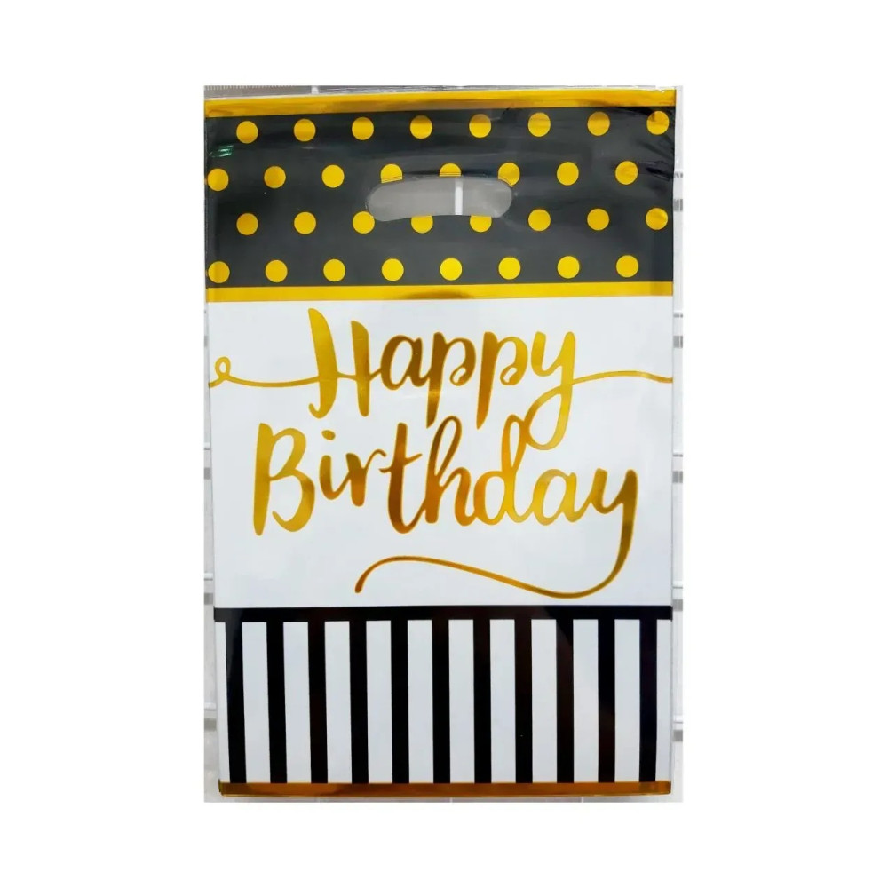 Пакет подарунковий фольгований "Happy birthday" чорна смуга, горох 16,5х25 см 10 шт 15463