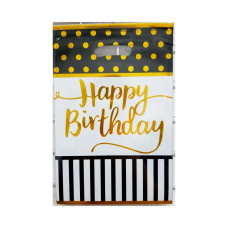 Пакет подарунковий фольгований "Happy birthday" чорна смуга, горох 16,5х25 см 10 шт 15463