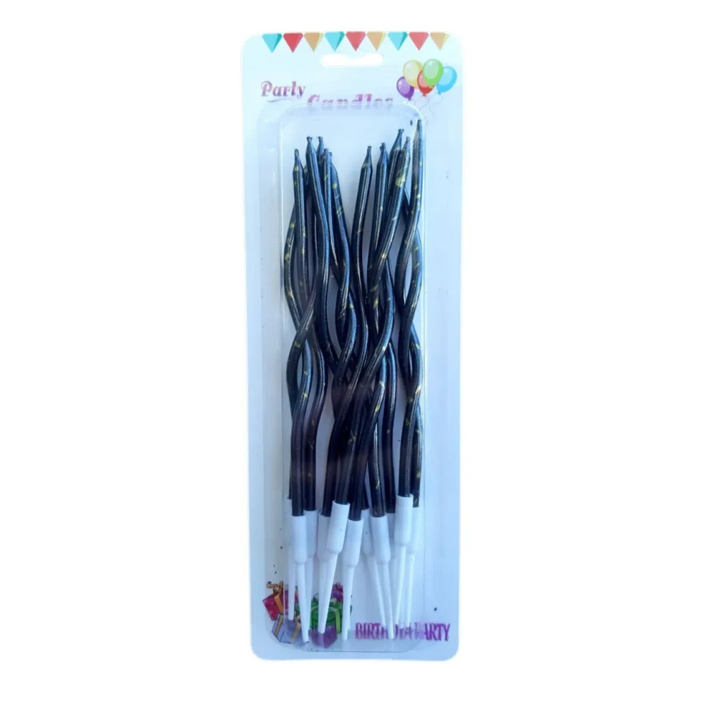 Свічки для торта Хвилясті кручені чорні з золотими краплями (12 шт) 15 см 15457