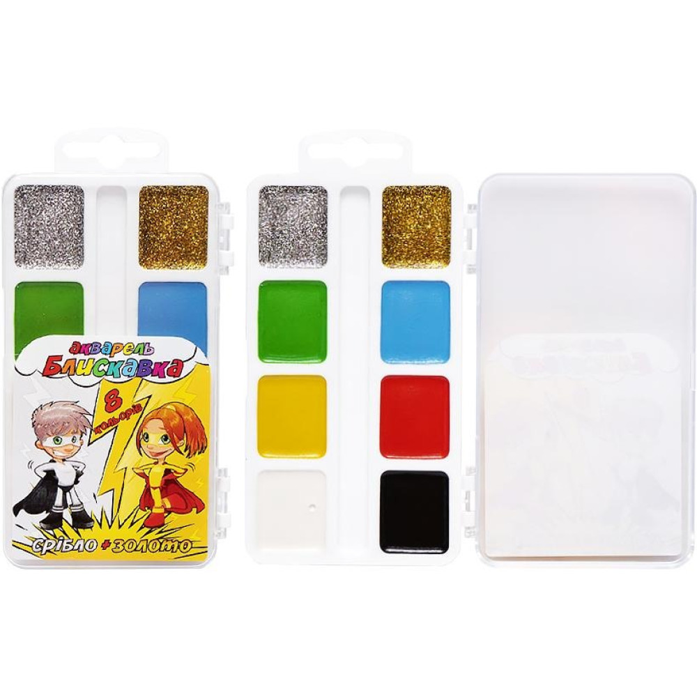 Фарби акварельні медові 8 кольорів "БЛИСКАВКА" (золото + срібло) в пласт. кор.,ТМ Тетрада ТЕ411999 (118890)