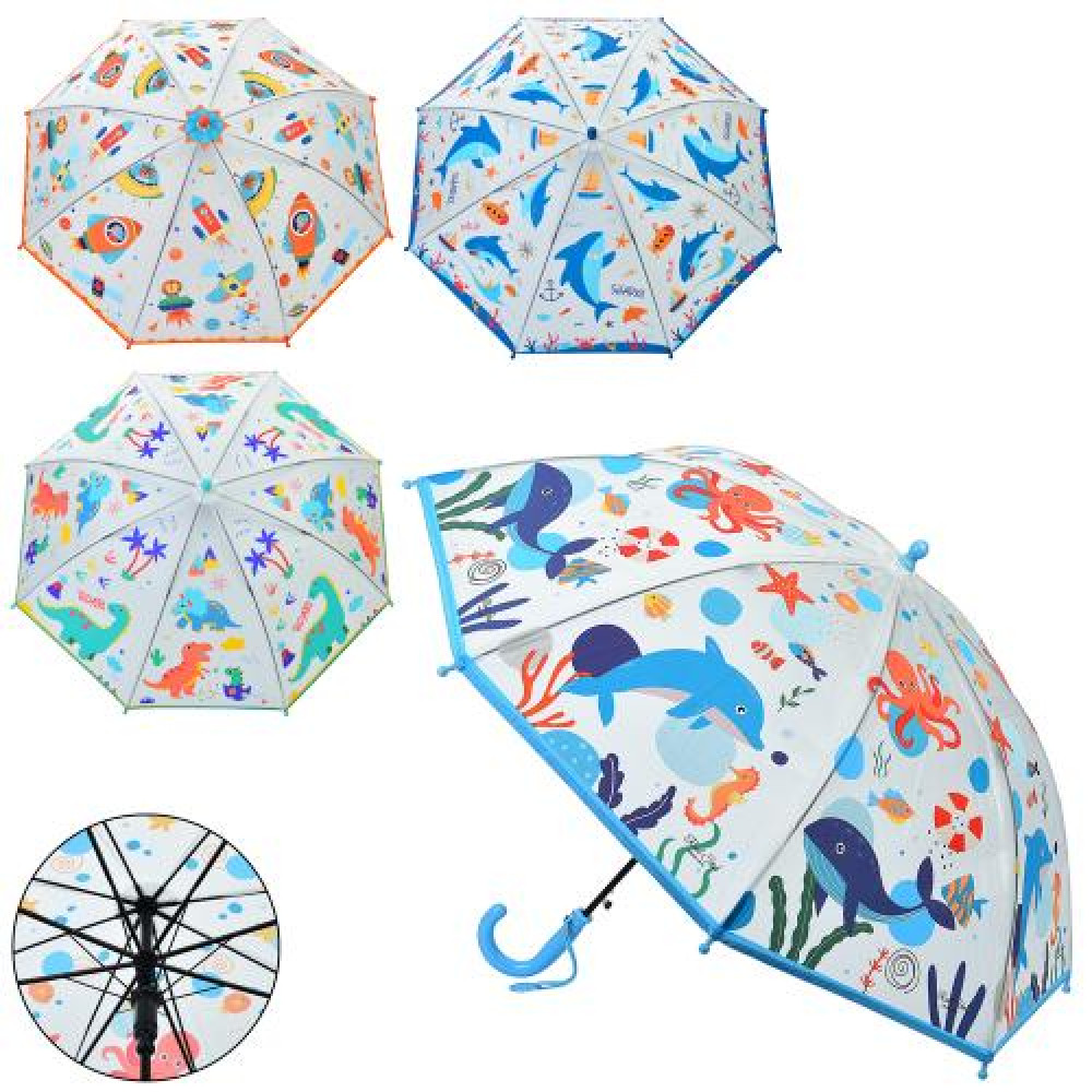 Парасолька дитяча MK 5264 (30шт) довжина 65,5см, тростина 62см, діаметр 86,5см, спиця 48см, клейонка, 4 види, в пакеті,