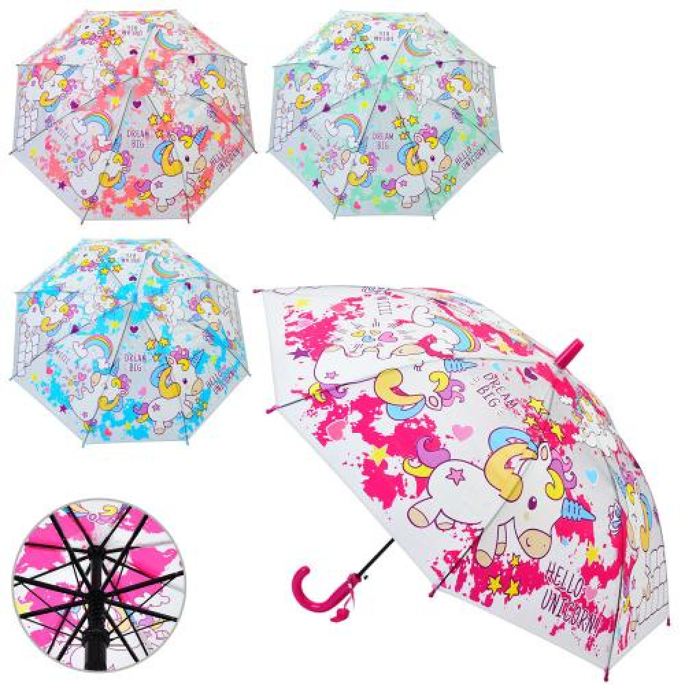 Парасолька дитяча MK 5275 (30шт) довжина 66,5см, тростина 61см, діаметр 85см, спиця 48см, клейонка, свисток, 4 кольори(єдиноріг), в пакеті,
