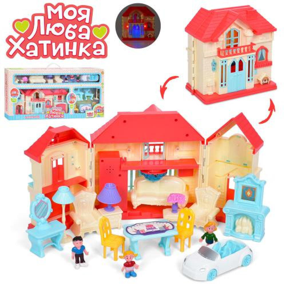 Будиночок WD-933B (12шт) 38-19см, автомобіль 12см, фігурка 6см 3шт, меблі,звук, світло, на бат-ці. в кор-ці, 64-32-8см