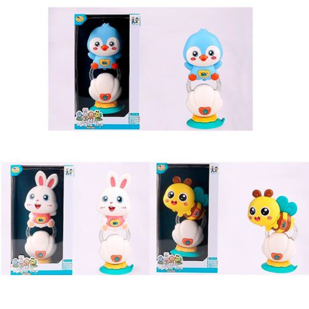 Брязкальце 855-207A-208A-210A (48шт) на присосці, 20см, музика, світло, 3види(пінгвин, зайчик, бджілка), на бат-ці, в кор-ці, 13-23-8см