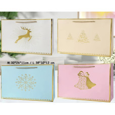 Пакет подарунковий середній горизонтальний "Однотонний з золотим оленем та дзвіночками" M 32x26x11 см 15655