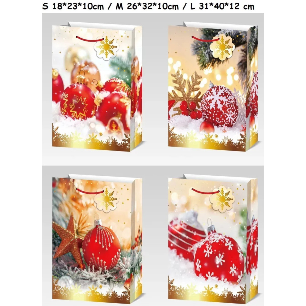 Пакет подарунковий ГІГАНТ "Червоні ялинкові кулі з білими візерунками" XL 55x43x14 см 15690