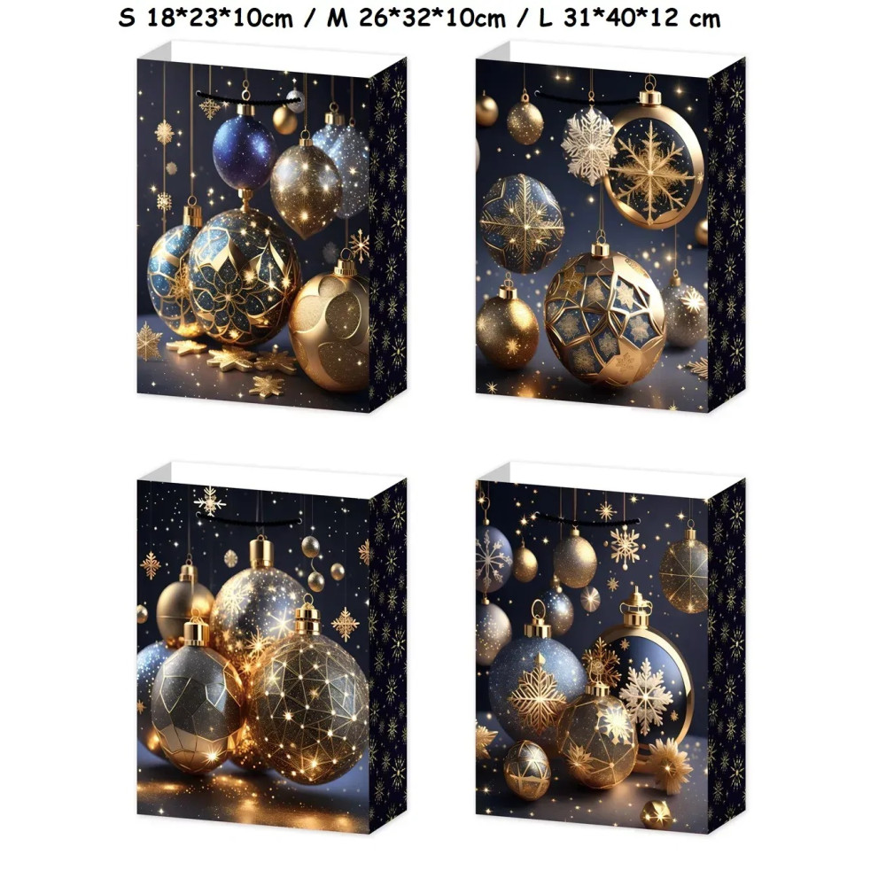 Пакет подарунковий середній "Золоті іграшки на чорному" M 26x32x10 см 15685