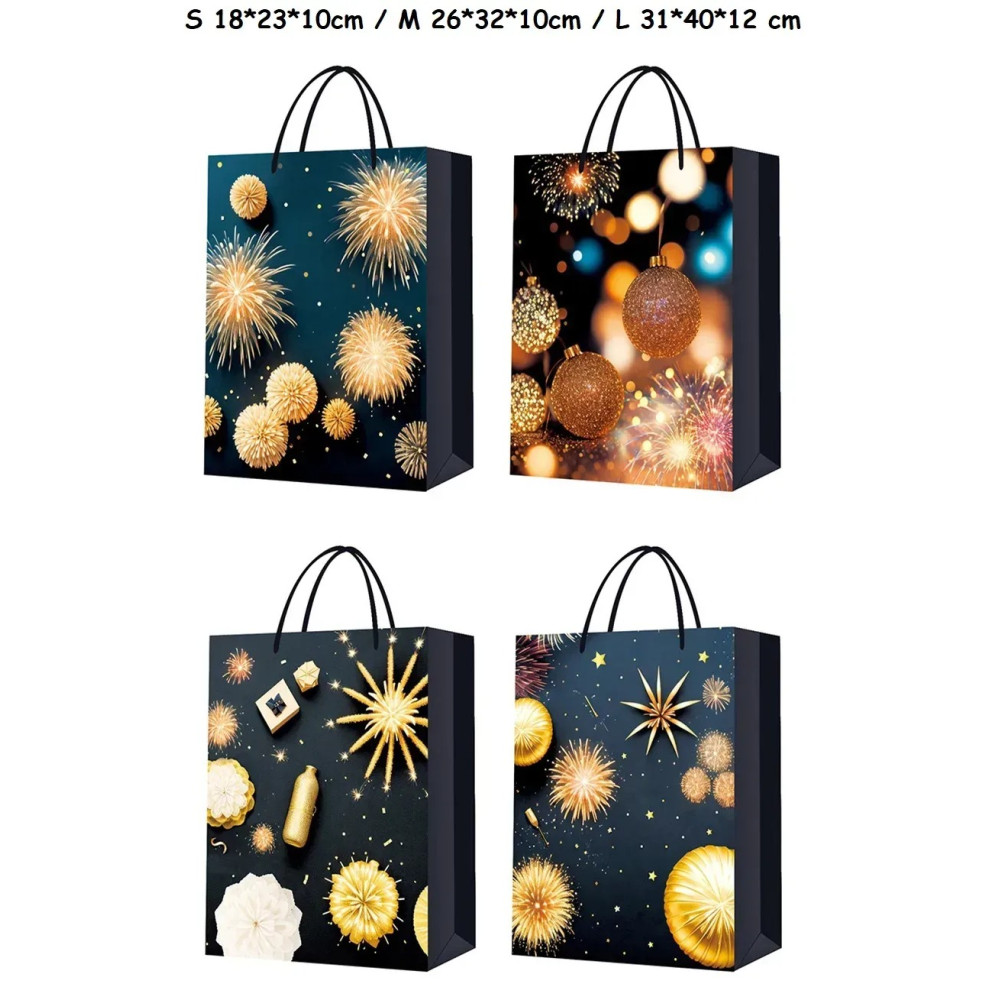 Пакет подарунковий середній "Золотий салют на чорному" M 26x32x10 см 15670