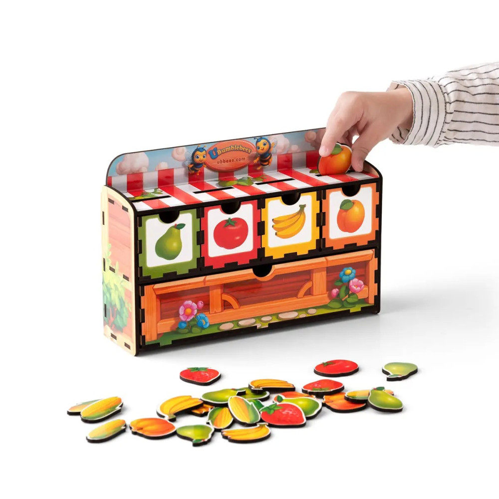 Дитяча розвиваюча гра Комодик – рахунок 2 (банан, абрикос, груша, полуниця, гарбуз, огірок, помідор, кукурудза) + 7 плашок для рахунку (Дерев'яний сор