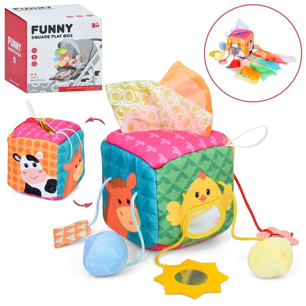 Гра N66065 (18шт) куб (плюш), 14см, м'яка підвіска на коляску, прорізувач, дзеркало, серветки-шуршалки 3шт, пискавка, кольорова тканина, в кор-ці, 15-