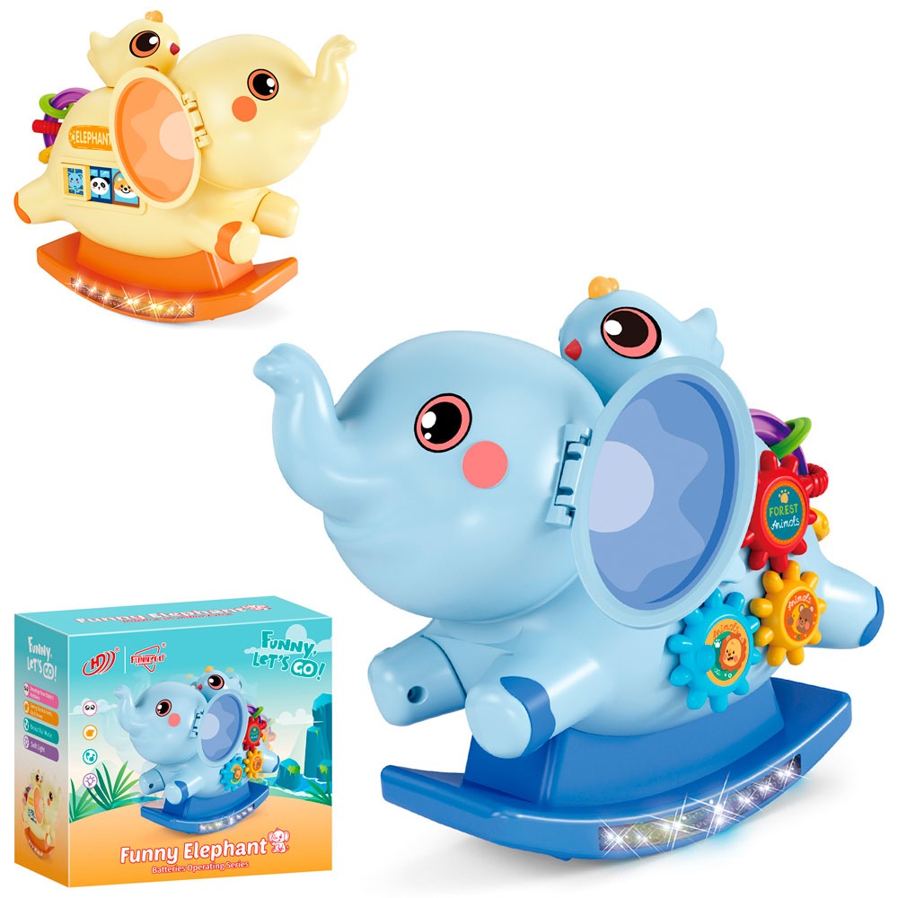 Музична іграшка HD9329 (48шт) слон-гойдалка, 18см, музика, світло, рухливий, шестерні,пташка-тріскачка,2 кольори, в кор-ці, 17,5-15-9см