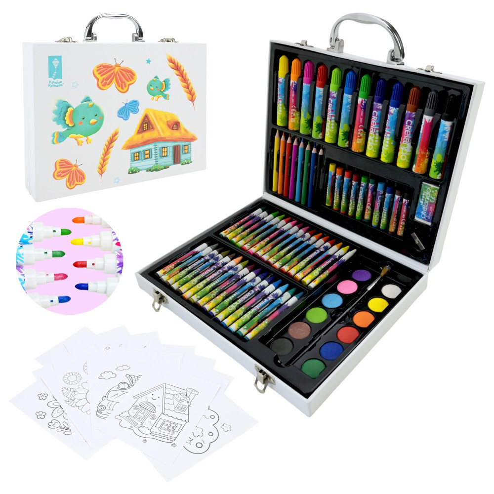 Набір для творчого малювання PL-725-36 (24шт) 75 предмета,крейда,акварельні фарби,фломастери,18 аркушів розмальовок, валіза 26,7*4,8*21,7 см