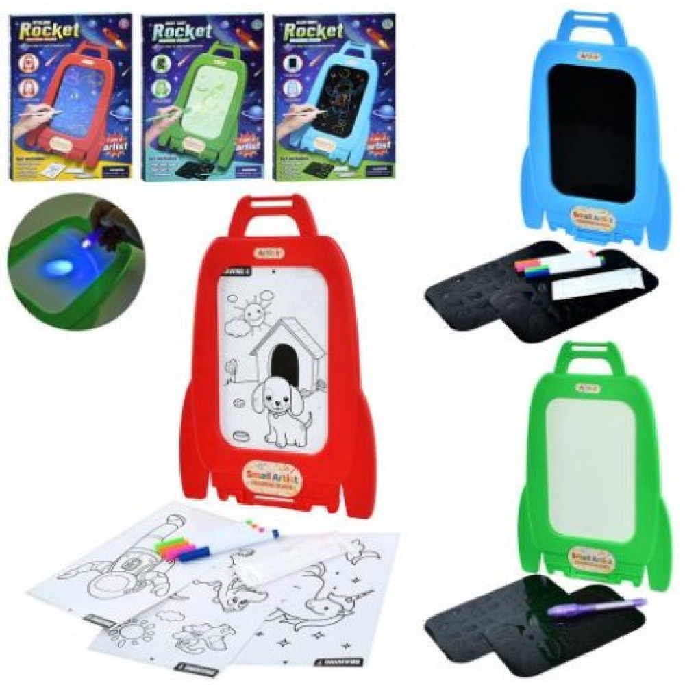 Досточка D1237-8-9 (60шт) для малювання, ракета 23-34см, маркери 4шт, трафарети, 3 кольори, на бат-ці, 23,5-34-2,5см