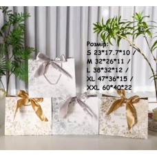 Пакет подарунковий великий ГОРИЗОНТАЛЬНИЙ "Золоті, срібні квіти - БАНТ" L 38x32x12 см 15859