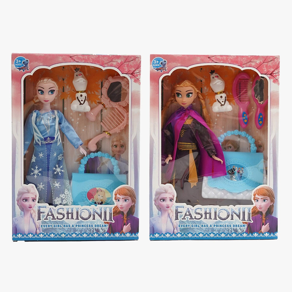 Лялька DXE 36 (96/2) 2 види, висота 28см, шарнірні суглоби на руках, гумовий сніговик, сумочка, гребінець, дзеркальце, в коробці